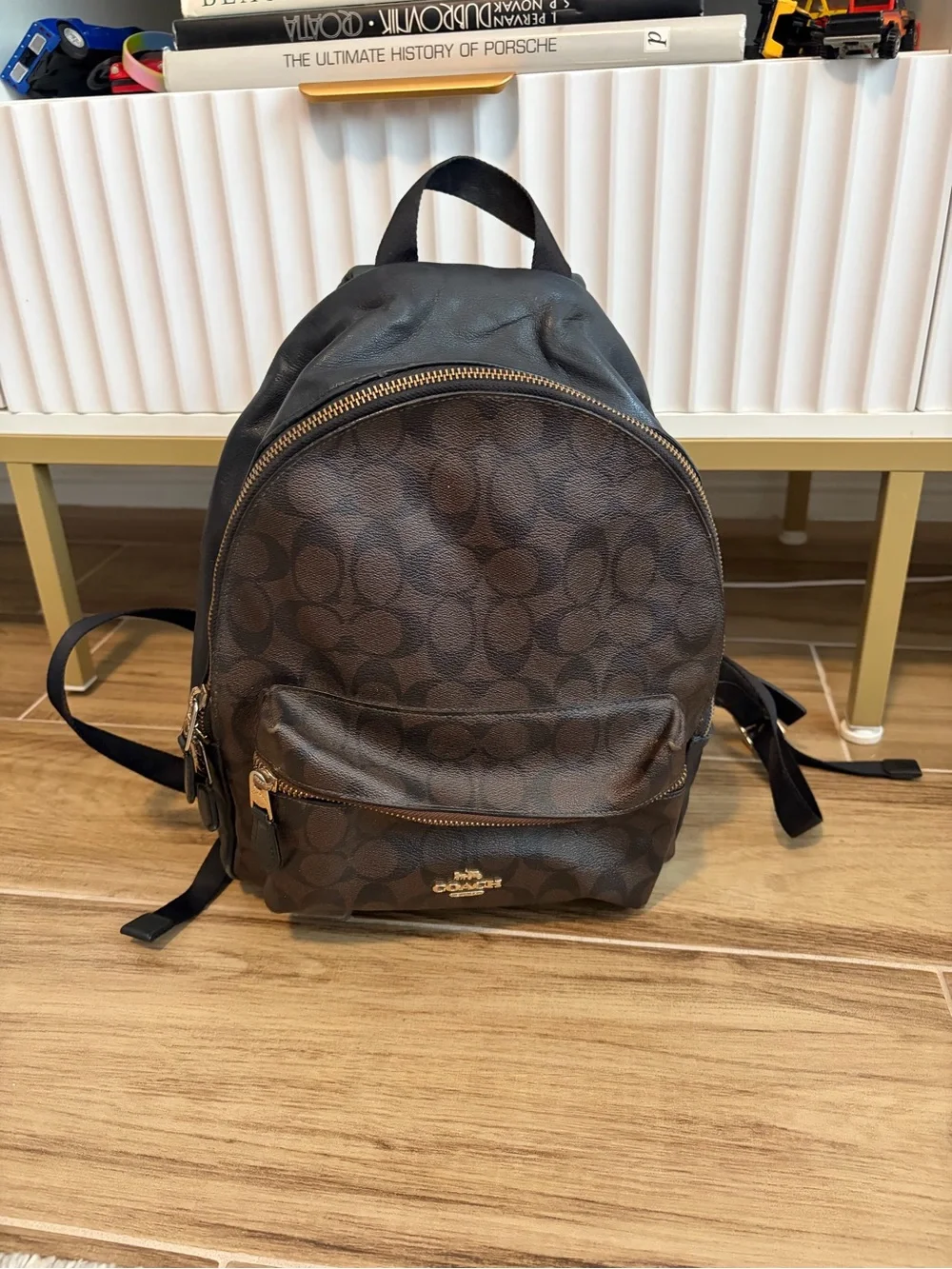 Coach Medium Charlie Backpack Signature Canvas Leather Brown Black F32200